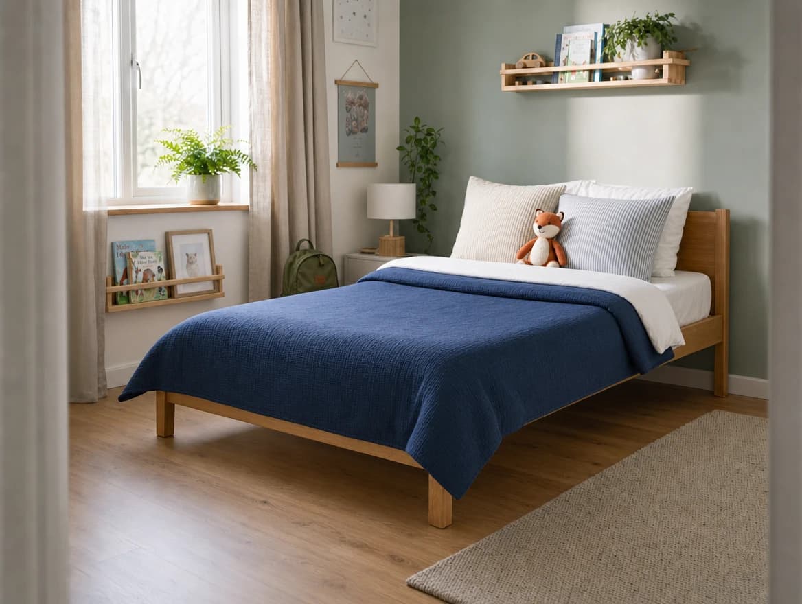 The same bedroom with the bed made, the floor clear, and the school bag packed