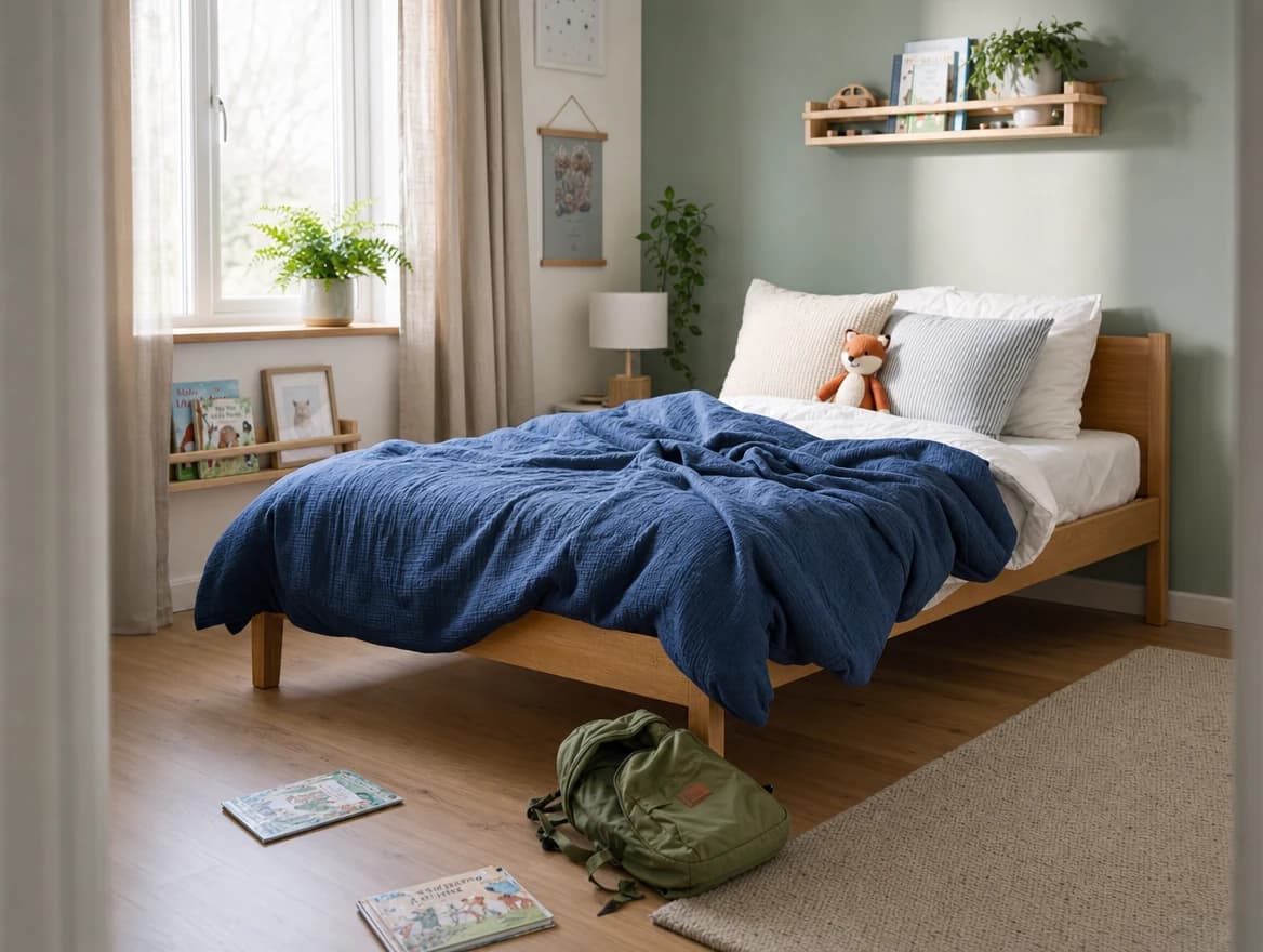 A familiar bedroom, with the bed still to make and a school bag waiting to be packed