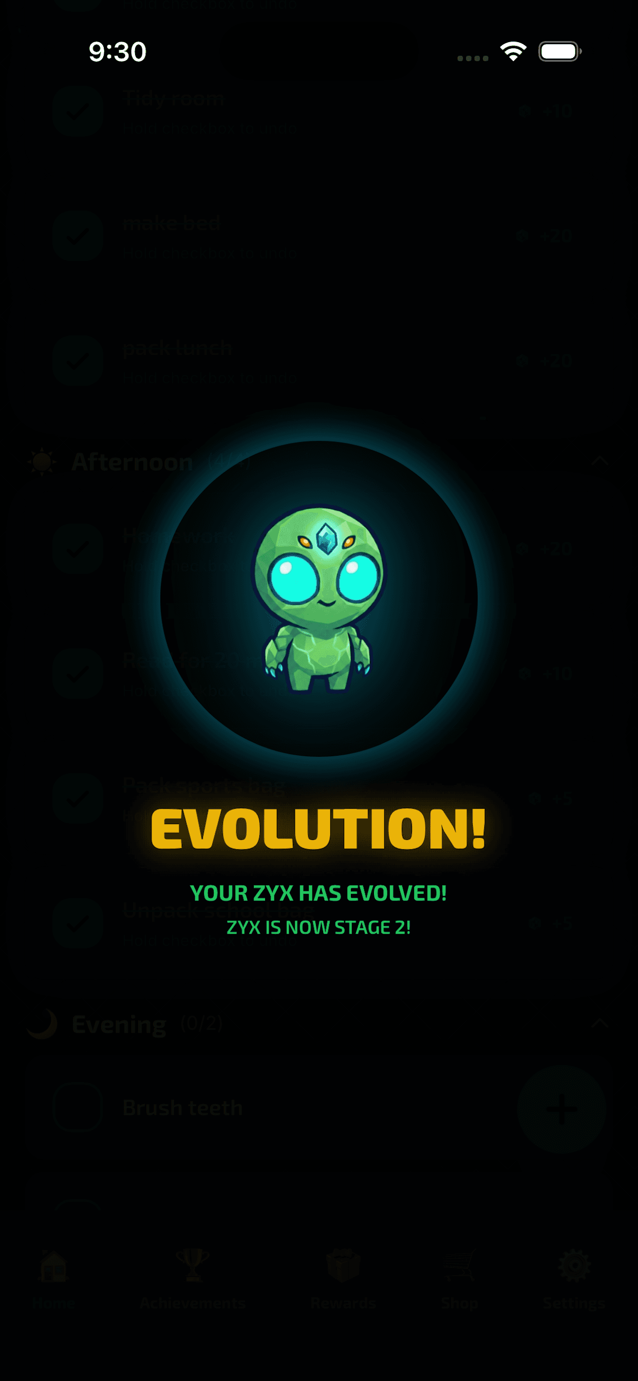 SmartChores level up celebration screen