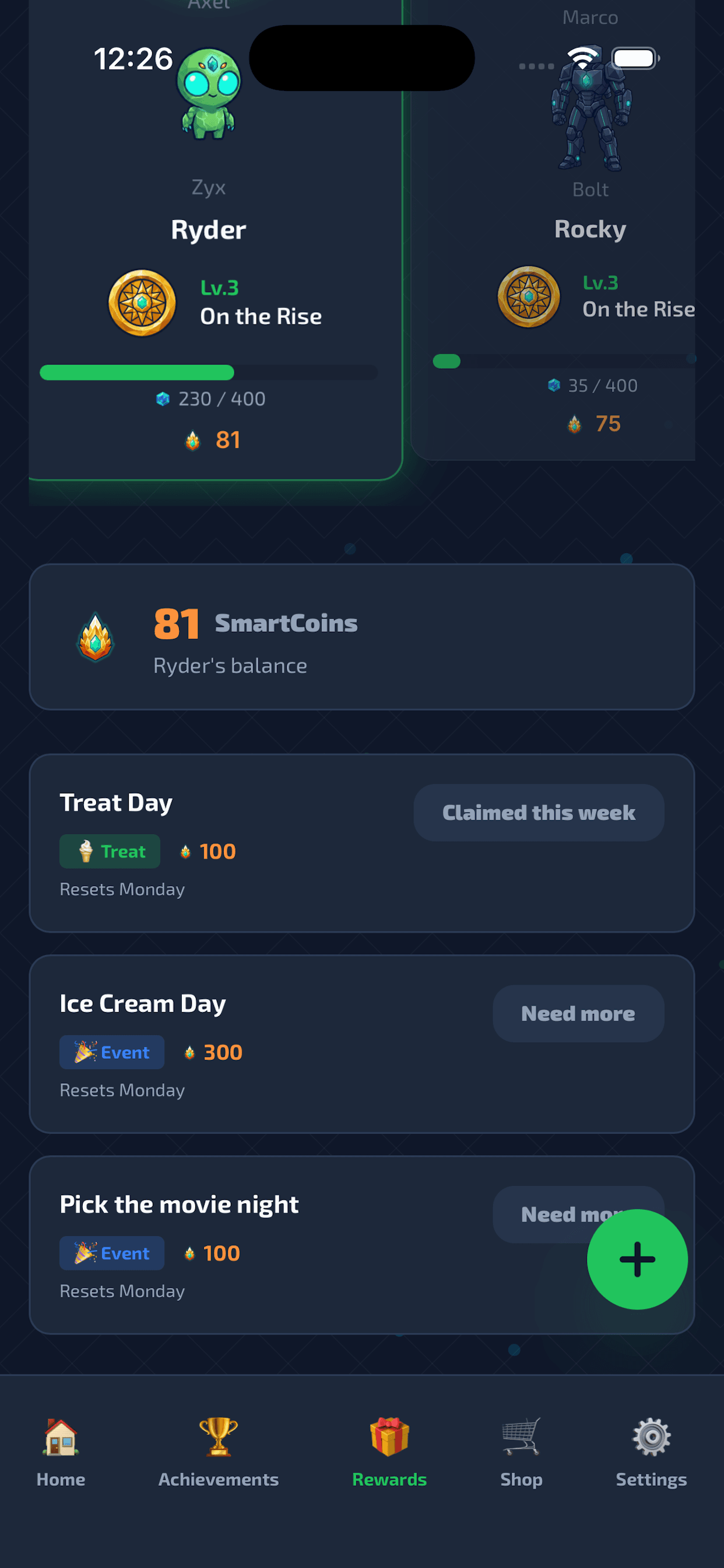 SmartChores rewards screen showing parent-set rewards